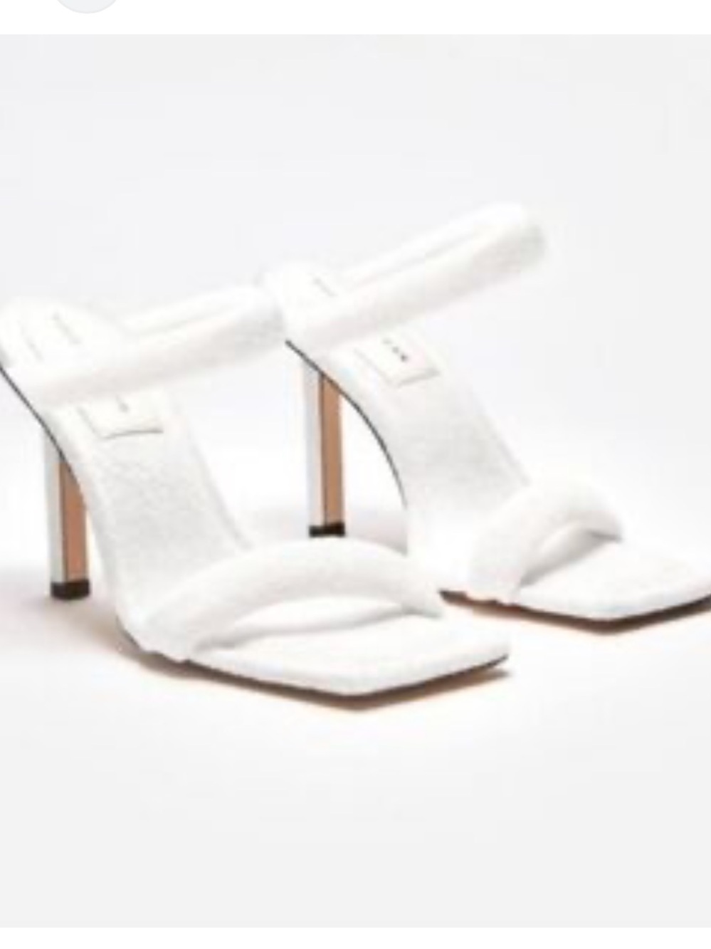 Good American Cream Textured Square-Toe Mule Heels with Gold Accent